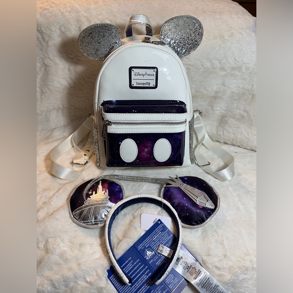 NEW Loungefly Disney MMMA Space Mountain Backpack & Bling Ears Headband Set